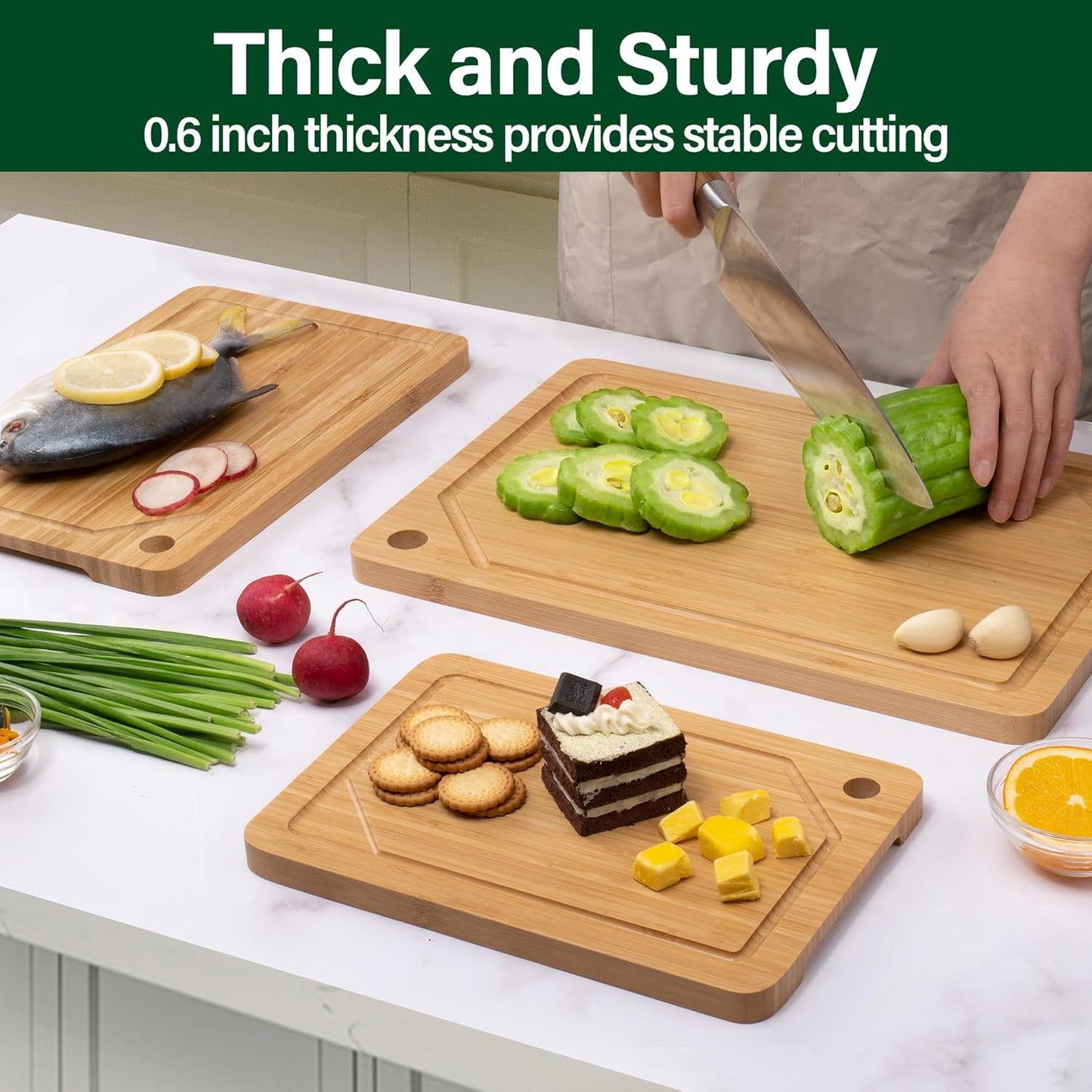 Bamboo Cutting Board Set of 3, Cutting Boards for Kitchen with Juice Groove, Bamboo Chopping Board Set, Serving Board Set for Meat, Fruit Vegetable and Cheese