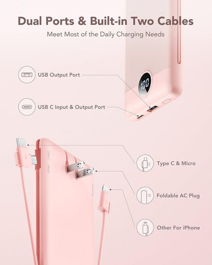Portable Charger for iPhone, 10000mAh Power Bank with Built-in Cables & AC Wall Plug, USB C Phone Charger 5 Output External Battery Pack Compatible with iPhone Samsung Google Pixel Android -White