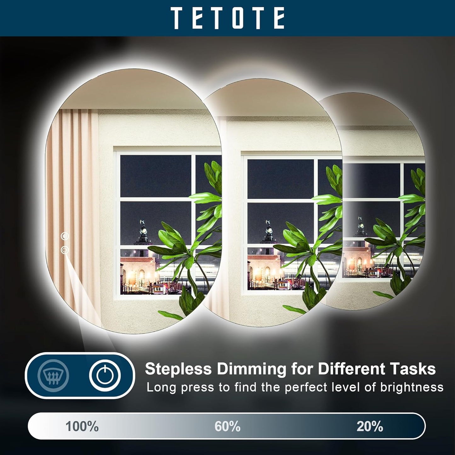 TETOTE 28 Inch Round LED Bathroom Vanity Mirror, Anti-Fog Dimmable Lights IP54 Waterproof Circle Makeup Wall Mounted Mirror