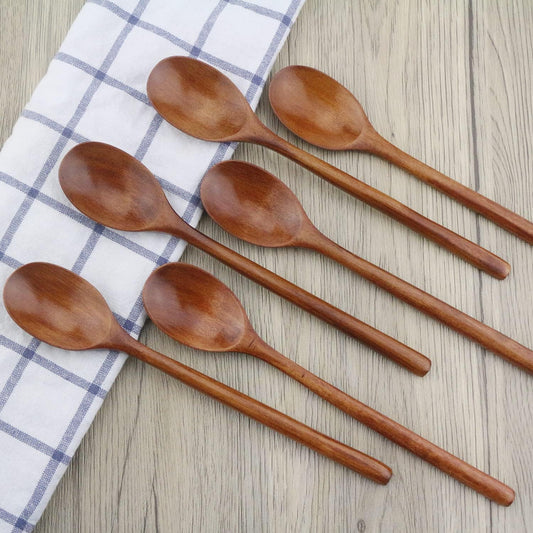 Wooden Spoons, 6 Pieces 9 Inch Wood Soup Spoons for Eating Mixing Stirring, Long Handle Spoon with Japanese Style Kitchen Utensil, ADLORYEA Eco Friendly Table Spoon - PuriLite