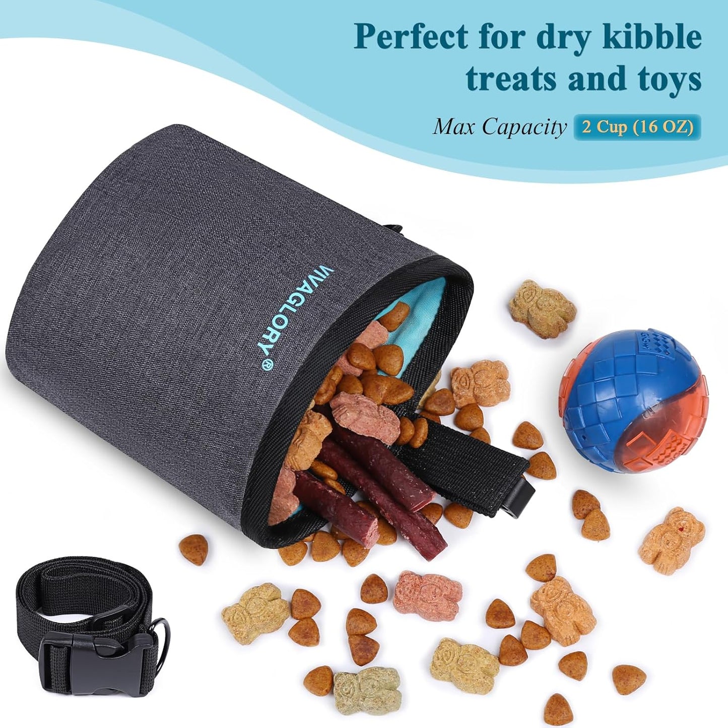 VIVAGLORY Dog Treat Bags, Puppy Pet Dog Training Treats Pouch Hands-Free 2 Ways to Wear with Adjustable Waistband and Built-in Dog Waste Bag Dispenser, Grey