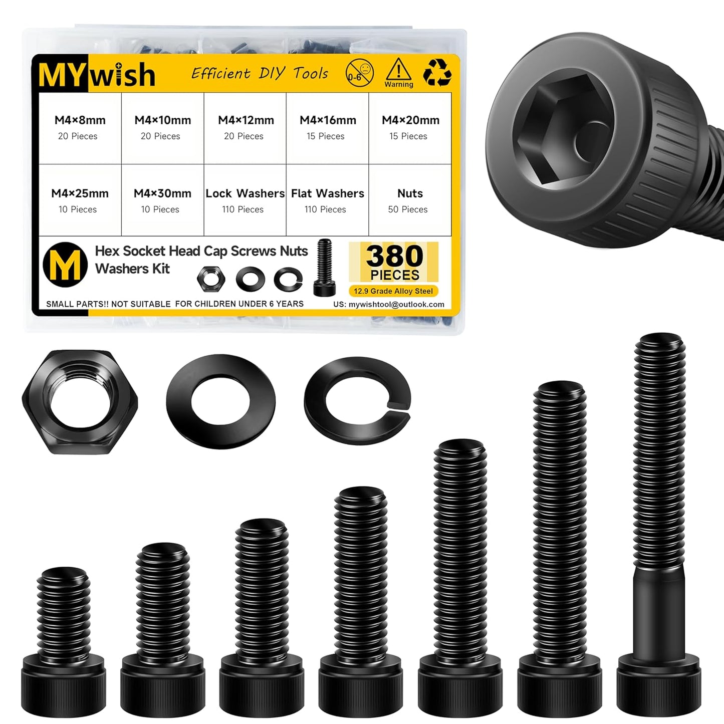 Mywish 900Pcs Metric Screw Assortment, M3 M4 M5 M6 Screw Assortment Kit 304 Stainless Steel Hex Socket Button Head Socket Cap Metric Screws Bolts & Flat Washers/Nuts/Hex Wrenches 16 Sizes 8MM to 20MM