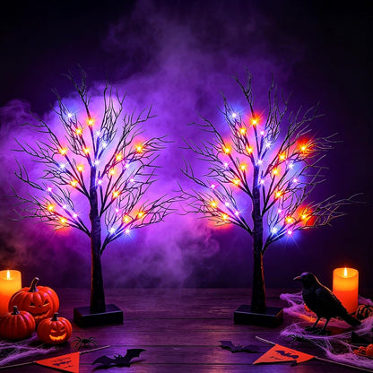 Halloween Decorations Indoor, 2 Pack 26 Inch Black Halloween Tree Set, 56 Orange & Purple LED Lights, USB & Battery Powered Tabletop Spooky Twig Trees with Timer, Creepy Halloween Decor for Mantels