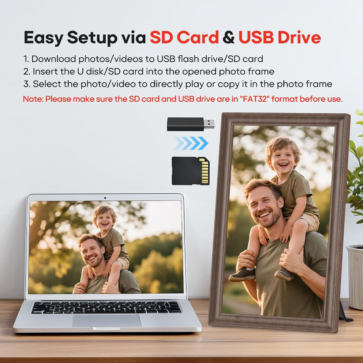 64GB 15.6" Frameo Digital Picture Frame WiFi, Large Electronic Photo Frames 1920 x 1080 IPS FHD Touch Screen, Send Photos from Your Phone from Anywhere, Best Gifts for Family and Friends Brown Wood
