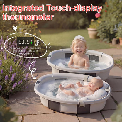 Collapsible Baby Bathtub - Large Baby Bath Tub with Thermometer | Bath Essential Bañera para Bebe Easy Fold Baby Tub | Travel Infant Newborn Toddler Bathtub for Baby Girl Boy 0 to 36 Months (Grey)