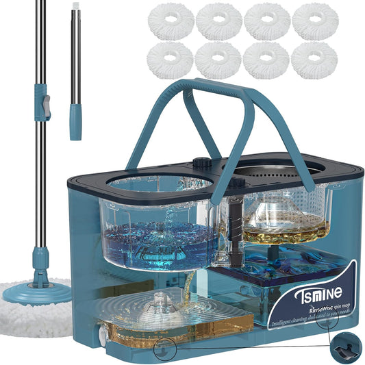 RinseWise Spin Mop and Bucket Separate Clean and DirtyWater, Mop and Bucket with Wringer Set, 4-Chamber Commercial Spinning Mopping Bucket Cleaning Supplies with 8 Microfiber Replacement Head Refills - PuriLite