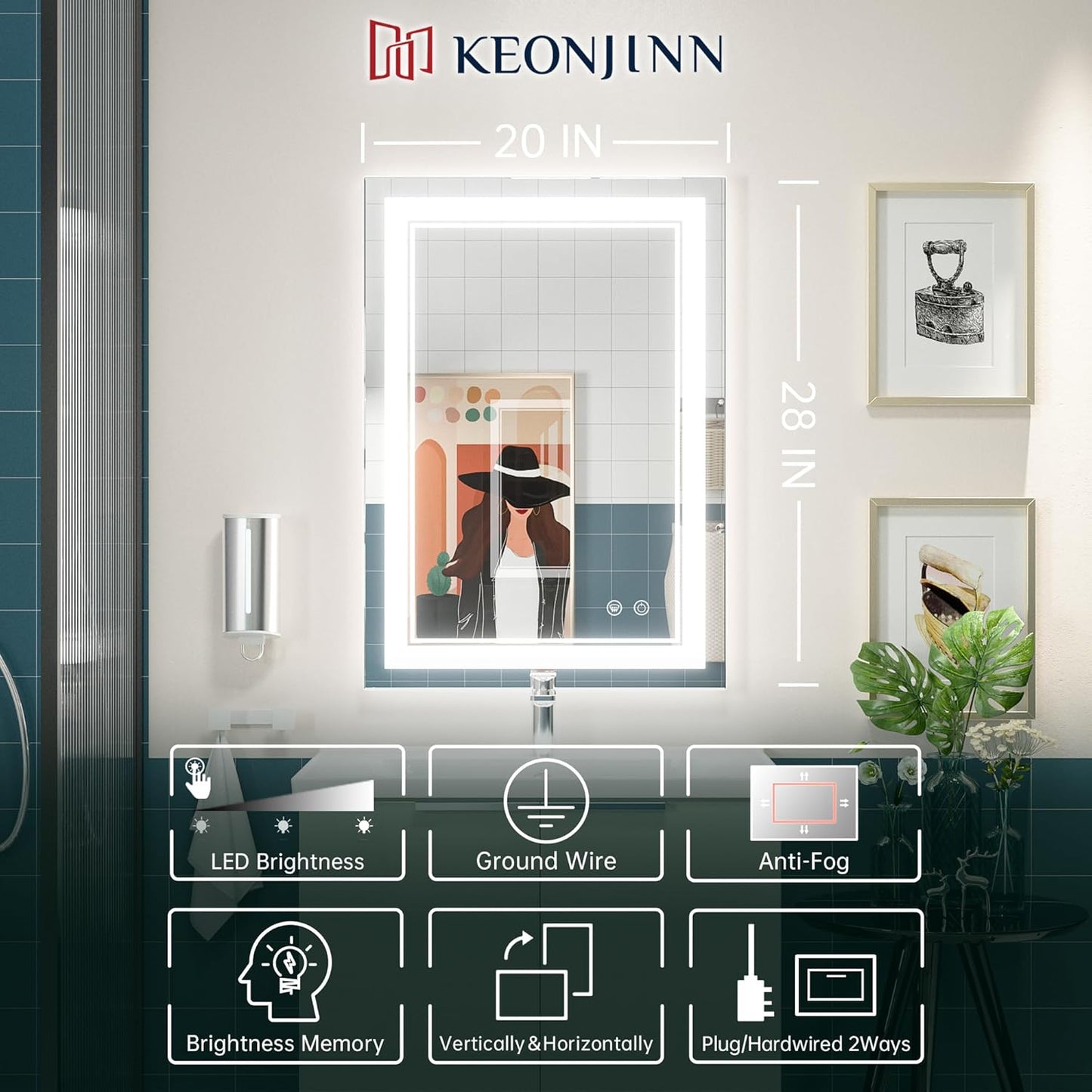 Keonjinn 40 x 24 Inch LED Mirror, Bathroom Mirror with Lights, LED Vanity Mirror, Wall Mounted Anti-Fog Dimmable Lighted Makeup Mirror for Bedroom, IP54 Waterproof (Horizontal/Vertical)