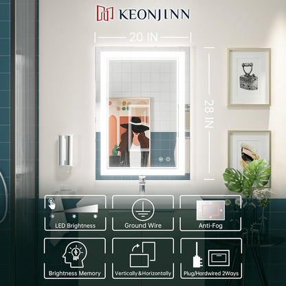 Keonjinn 40 x 24 Inch LED Mirror, Bathroom Mirror with Lights, LED Vanity Mirror, Wall Mounted Anti-Fog Dimmable Lighted Makeup Mirror for Bedroom, IP54 Waterproof (Horizontal/Vertical)