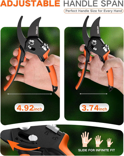 VOTREK Pruning Shears - 8.5" Heavy Duty Bypass Pruners for Gardening with Built-in Spring & SK5 Steel Blades - Ergonomic Adjustable Handle for All Hand Sizes, Garden Clipper Plant Scissors for Branch