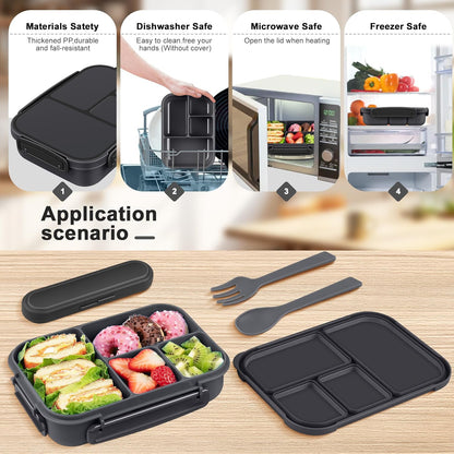 Amathley Lunch Box Kids,Bento Box Adult Lunch Box,Leakproof Lunch Containers for Adults/Kids/Toddler,1200ML-4 Compartments bento Lunch box with Utensil,Microwave & Dishwasher Safe(Dark Gray)