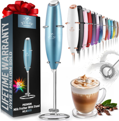 Zulay Kitchen Powerful Double Whisk Milk Frother Handheld - Foam Maker with Stand - Whisk Drink Mixer for Coffee, Mini Foamer for Latte, Matcha, Frappe, Hot Chocolate & Cappuccino (Black)