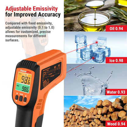 ThermoPro TP30 Infrared Thermometer Gun, Non Contact Temperature Gun with Adjustable Emissivity, Laser Thermometer Gun for Cooking, Pizza Oven, Griddle, Engine, HVAC -58°F ~1022°F (Not for Human)