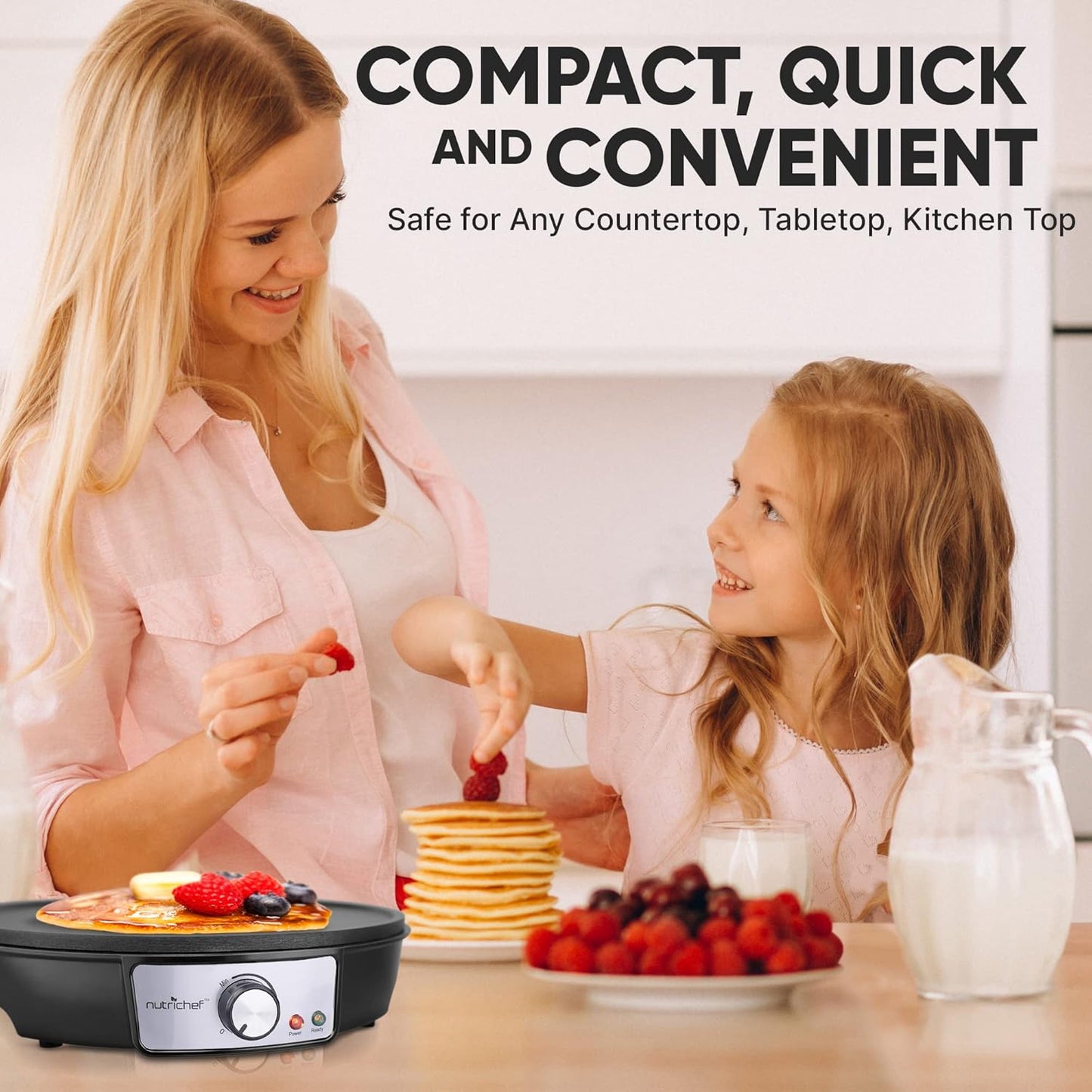 NutriChef Electric Crepe Maker, Cooks Roti, Tortillas, Pancakes, Nonstick Cooktop, 8-inch Cook Area On/Off Switch, Automatic Temperature Control & Cool Touch Handle, Includes Food Bowl, Whisk, Spatula