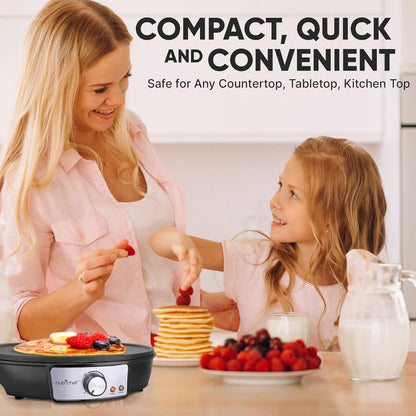 NutriChef Electric Crepe Maker, Cooks Roti, Tortillas, Pancakes, Nonstick Cooktop, 8-inch Cook Area On/Off Switch, Automatic Temperature Control & Cool Touch Handle, Includes Food Bowl, Whisk, Spatula