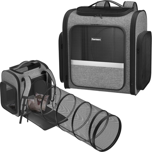 Cat Carrier Backpacks Pawtners Expandable Cat Backpack with Breathable Mesh, Pet Carrier Backpack for Cats Small Dogs Puppies Up to 25 LBS, Dog Carrier Backpack for Travel Hiking Camping Outdoor