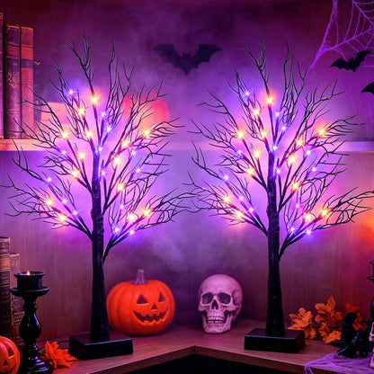 Halloween Decorations Indoor, 2 Pack 26 Inch Black Halloween Tree Set, 56 Orange & Purple LED Lights, USB & Battery Powered Tabletop Spooky Twig Trees with Timer, Creepy Halloween Decor for Mantels