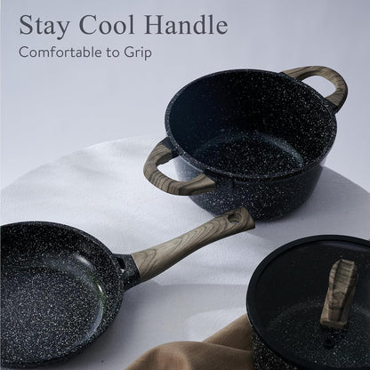 Ceramic Cookware Set 22 Piece Nonstick Pots and Pans Set Non Stick Kitchen Cooking Sets 8" Frying Pans with Lid,Black Granite Non-Toxic Induction Kitchen Cookware w/Glass Lids PFOS/PFOA-Free