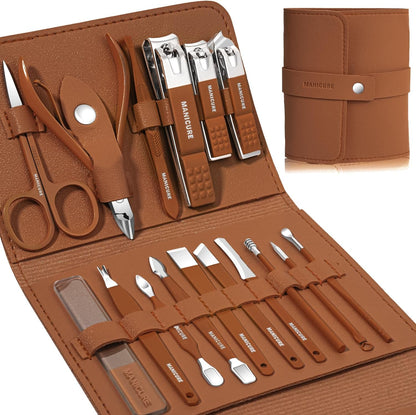 Manicure Set Professional Nail Clippers Pedicure Kit, 16 pcs Stainless Steel Nail Care Tools Grooming Kit with Luxurious Travel Leather Case for Thick Nails Men Women Gift (Black)