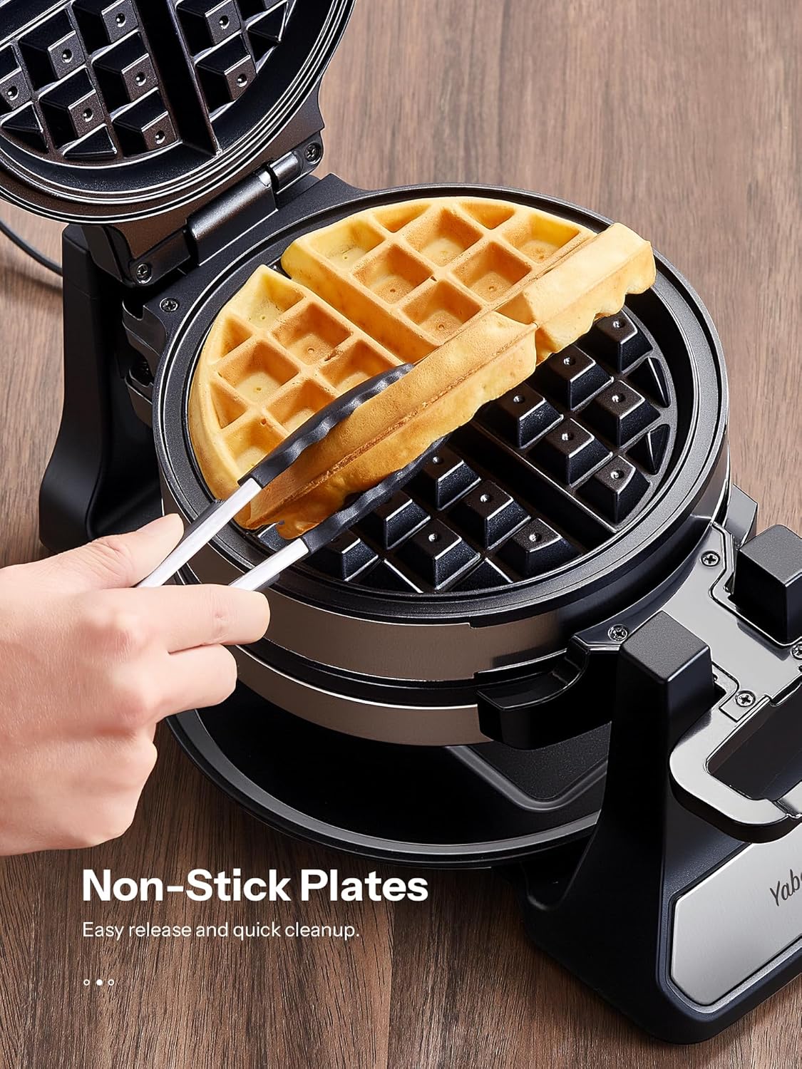 Belgian Waffle Maker with Double Waffle Plate, Yabano Rotating Waffle Iron with Nonstick Plates, Removable Drip Tray and Cool Touch Handles, Gaufrier Belge, Stainless Steel