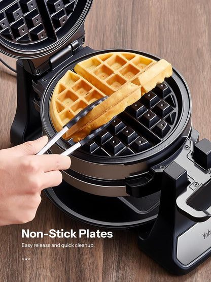 Belgian Waffle Maker with Double Waffle Plate, Yabano Rotating Waffle Iron with Nonstick Plates, Removable Drip Tray and Cool Touch Handles, Gaufrier Belge, Stainless Steel
