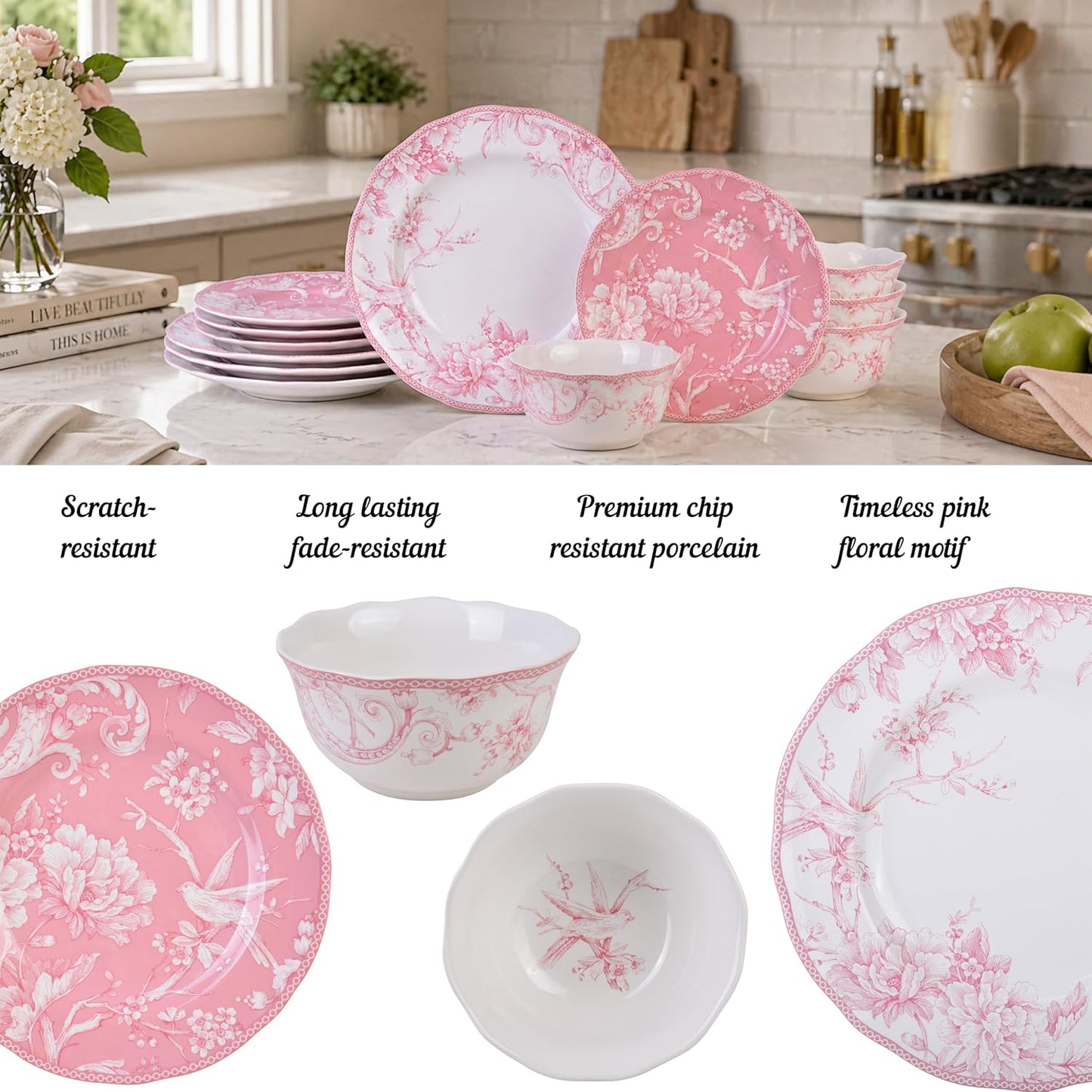 222 Fifth Adelaide Blush 12-Piece Pink Porcelain Dinnerware Set – Service for 4, Plate & Bowl Set, White with Pink Floral Pattern, for Daily Dining & Entertainment, Microwave & Dishwasher Safe