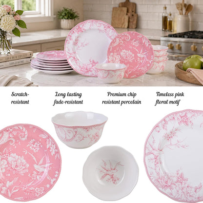 222 Fifth Adelaide Blush 12-Piece Pink Porcelain Dinnerware Set – Service for 4, Plate & Bowl Set, White with Pink Floral Pattern, for Daily Dining & Entertainment, Microwave & Dishwasher Safe