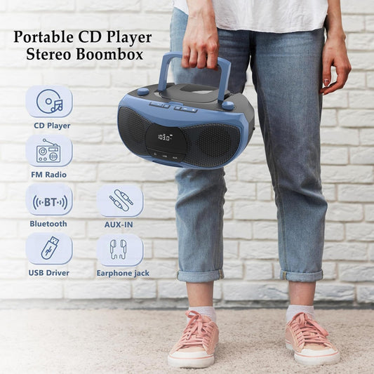 LONPOO Portable CD Player | Stereo Bluetooth Boombox | FM Radio Turn Knob | Auto Lid Open Button | Big LCD Display | Concealed Ports of USB/AUX/Earphone | Rear Power Protection Button (LP-D12) - PuriLite