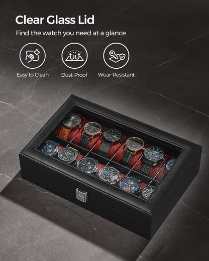 SONGMICS Watch Box, 6-Slot Watch Case, Watch Box Organizer, Black Synthetic Leather, Greenish Gray Lining UJWB06BK