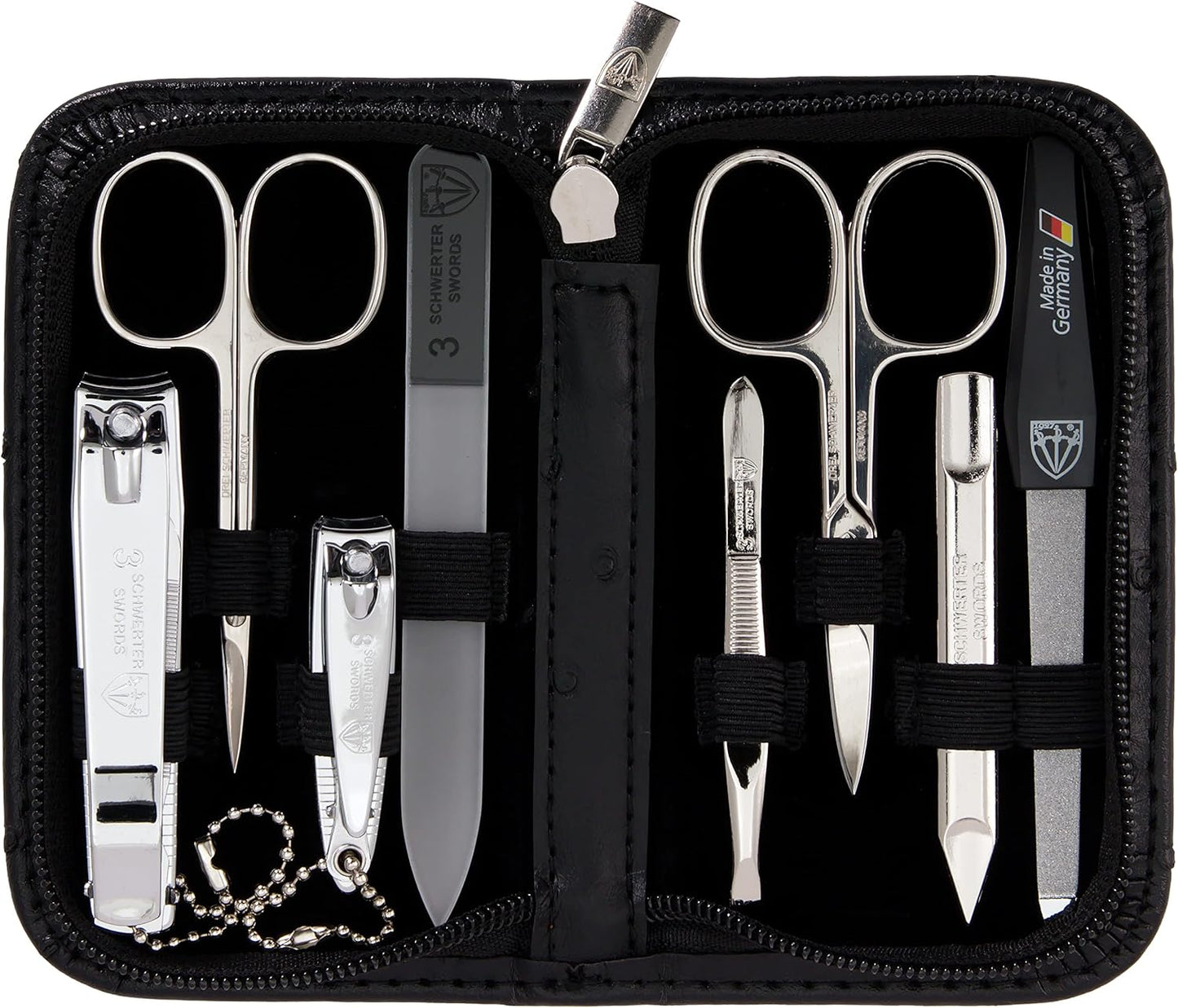 3 Swords Germany - brand quality 8 piece manicure pedicure grooming kit set for professional finger & toe nail care scissors clipper fashion leather case camou in gift box, Made in Germany