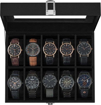 SONGMICS Watch Box, 6-Slot Watch Case, Watch Box Organizer, Black Synthetic Leather, Greenish Gray Lining UJWB06BK