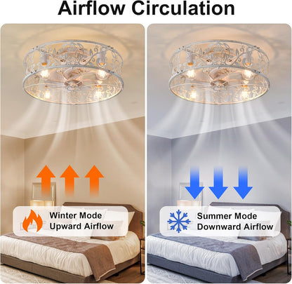 Garwarm Caged Low Profile Ceiling Fan with Lights and Remote, 20in Rustic Flush Mount Small Farmhouse Bladeless Ceiling Fan for Bedroom, Kitchen, Dining Room