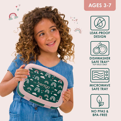 Bentgo Kids Prints Leak-Proof, 5-Compartment Bento-Style Kids Lunch Box - Ideal Portion Sizes for Ages 3-7, Durable, Drop-Proof, Dishwasher Safe, & Made with BPA-Free Materials (Green Rainbow)