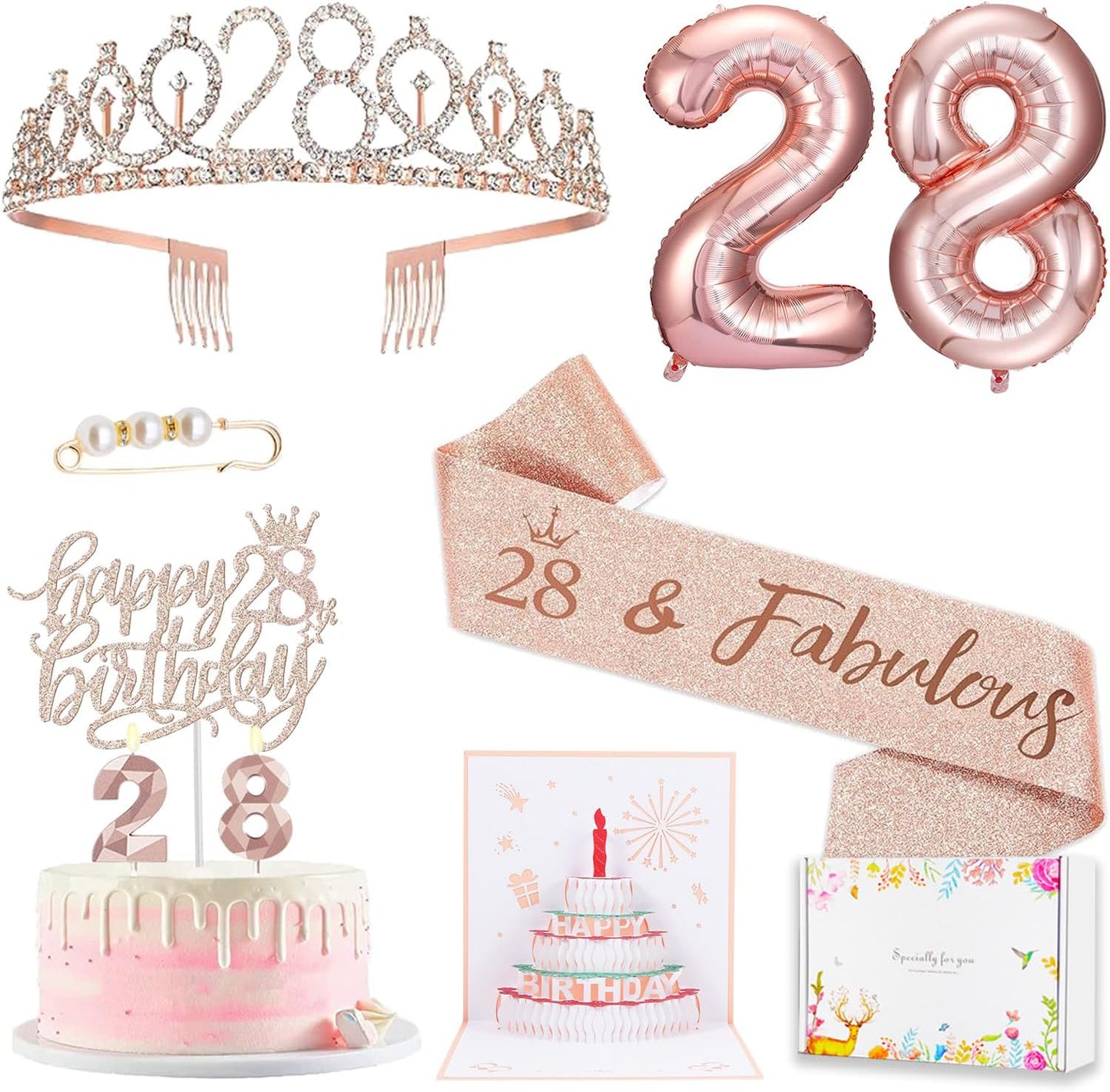 8pcs 40th Birthday Decorations gifts for Women, Including 40th Happy Birthday Cake Topper, Queen Sash with Pearl Pin, Sweet Rhinestone Tiara Crown for Women, Number Candles and Balloons (Rose Gold)