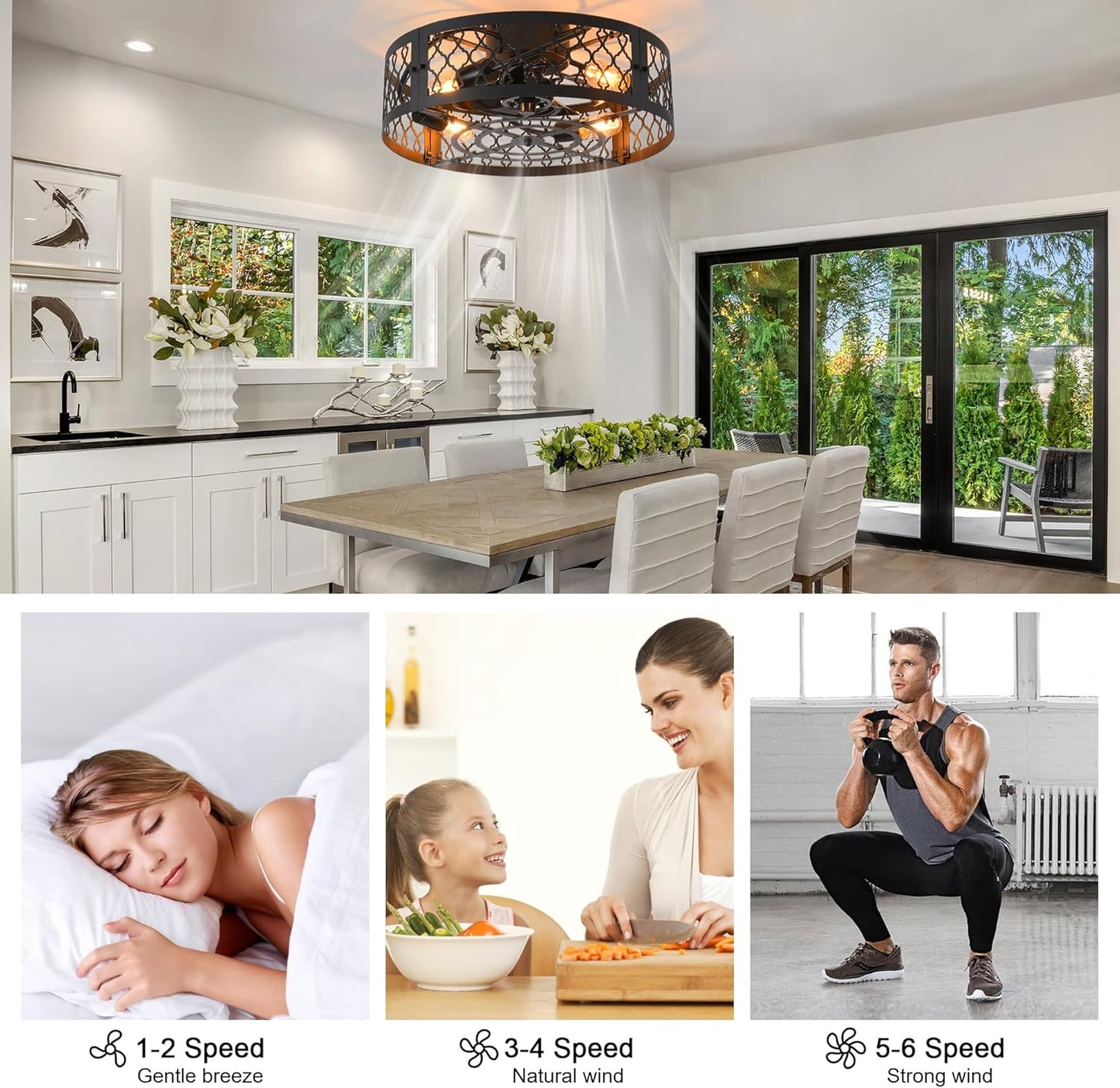 Garwarm Caged Low Profile Ceiling Fan with Lights and Remote, 20in Rustic Flush Mount Small Farmhouse Bladeless Ceiling Fan for Bedroom, Kitchen, Dining Room