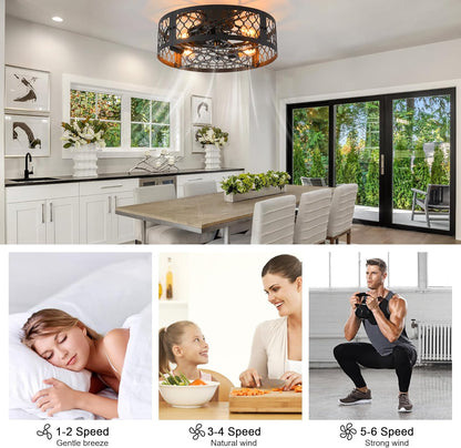 Garwarm Caged Low Profile Ceiling Fan with Lights and Remote, 20in Rustic Flush Mount Small Farmhouse Bladeless Ceiling Fan for Bedroom, Kitchen, Dining Room