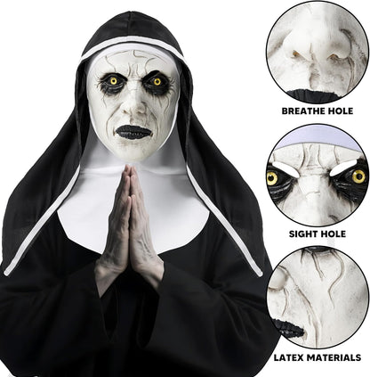 Spooktacular Creations Halloween Scary Nun Mask with Black White Hood, Creepy Full Head Latex Mask for Adult Women Men Halloween Horror Cosplay Costume Accessories, Realistic Party Dress Up Prop
