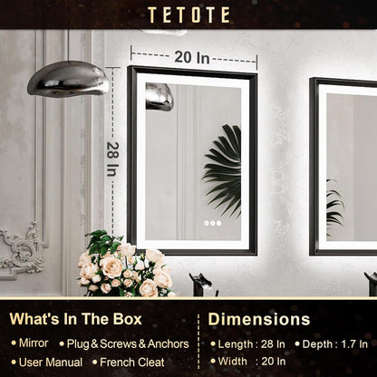 TETOTE 28x36 LED Mirror for Bathroom Black Metal Frame Frontlit & Backlit Lighted Vanity Mirror Baroque Gothic Anti Fog Stepless Dimmable White/Warm/Natural,Wall Mounted(Horizontal/Vertical)