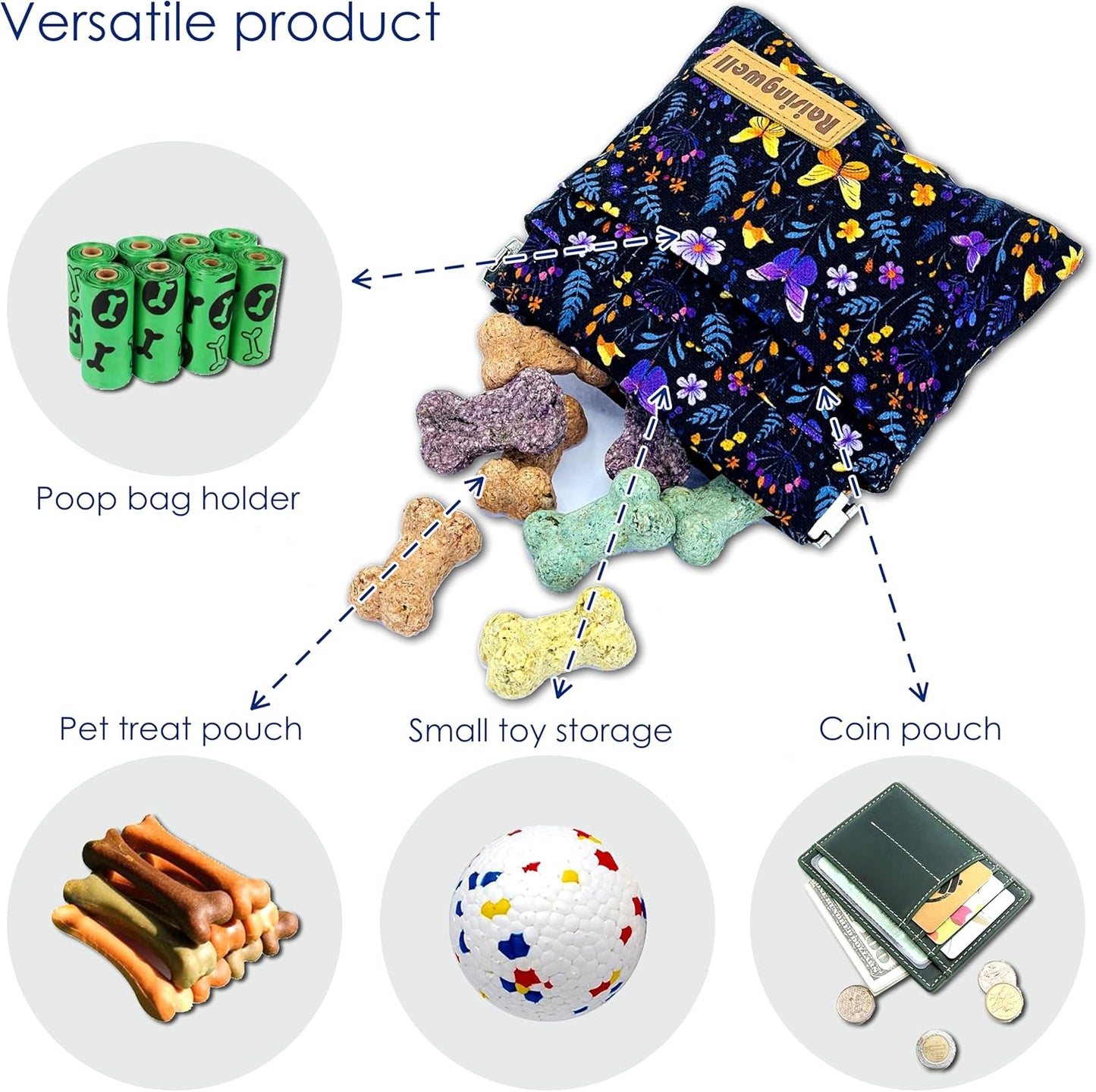 Raisingwell Dog Treat Pouch, Black Pocket Sized Pet Training Pouch, Cotton Fabric, Hand Free Dog Walking Bag with Carabiner, Self-Closing Pet Feed Snack Reward, for Pet Puppy Travel or Outdoor Use