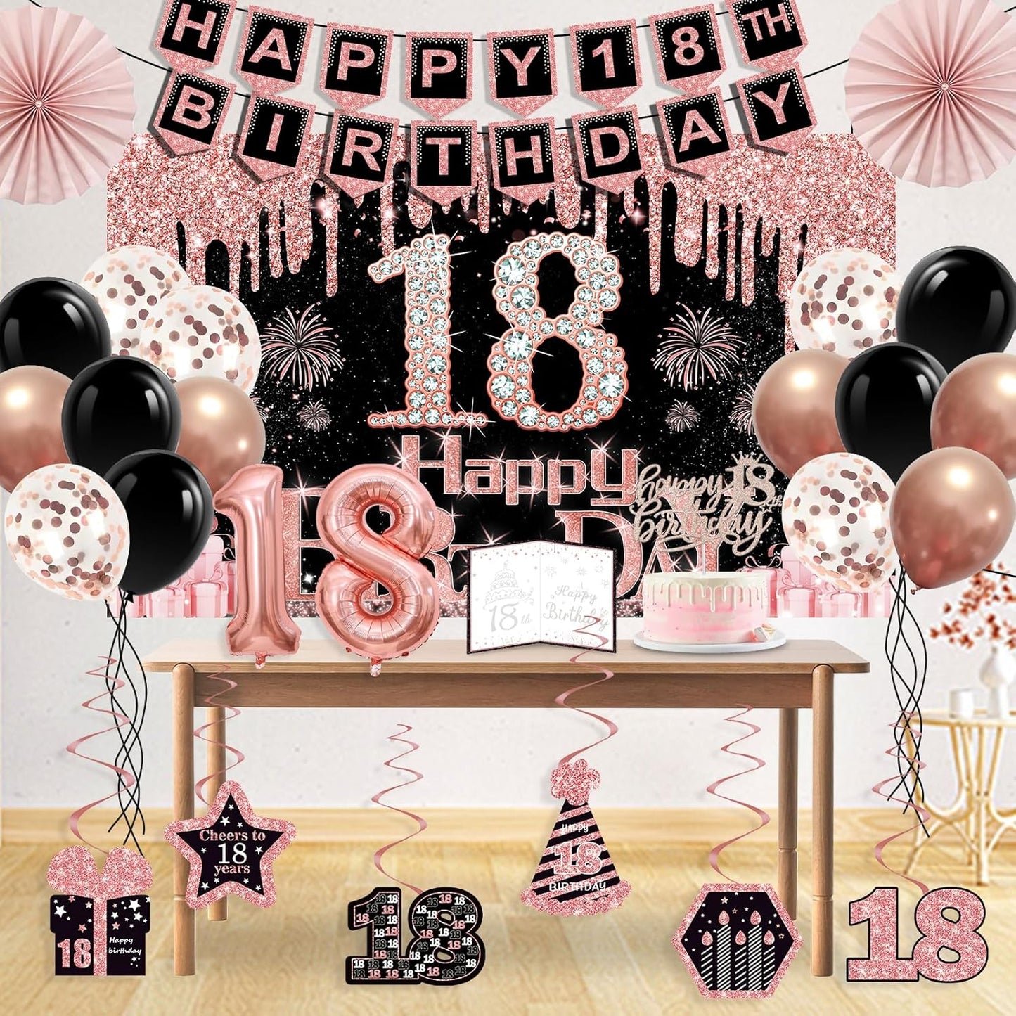 40th Birthday Decorations for Women,32pcs 40th Birthday Party Decorations,Including Backdrop, Crown,Sash,banner, Hanging Swirl,Cake Topper,balloons,Paper Fans,Anniversary Card and paper fans