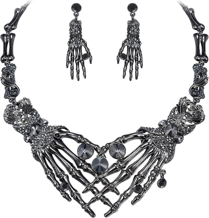 EVER FAITH Austrian Crystal Halloween Skeleton Hand Skull Necklace Earrings Set