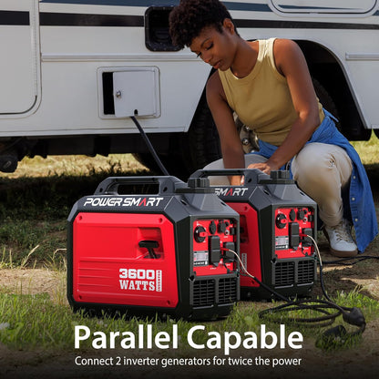 PowerSmart 3600W Portable Inverter Generator, Whisper Quiet Generator for Home Use, Camping, RV Ready, Gas Powered, Black & Red, Lightweight & Compact Design