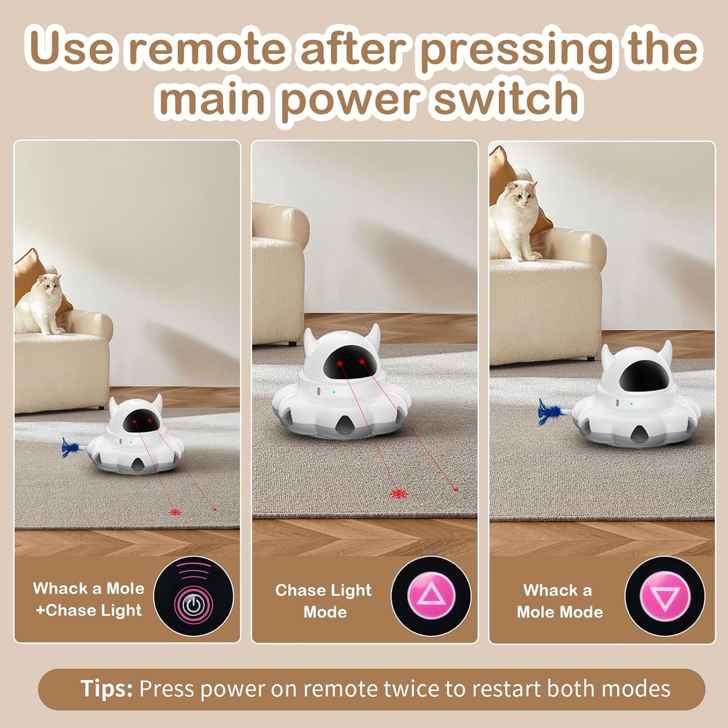Cosicosy 2-in-1 Interactive Cat Toys for Indoor Cats, Automatic Cat Toy with 8 Holes Mice Whack A Mole Moving Feather, Smart Cat Toy (White)