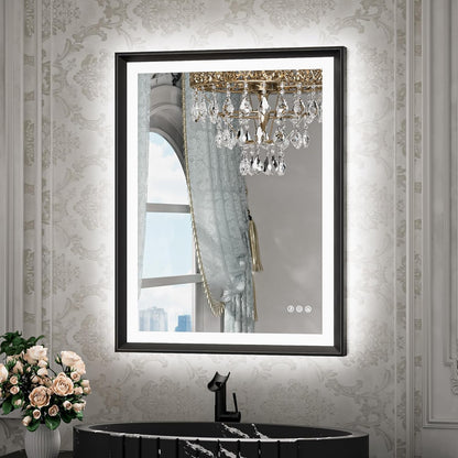 TETOTE 28x36 LED Mirror for Bathroom Black Metal Frame Frontlit & Backlit Lighted Vanity Mirror Baroque Gothic Anti Fog Stepless Dimmable White/Warm/Natural,Wall Mounted(Horizontal/Vertical)