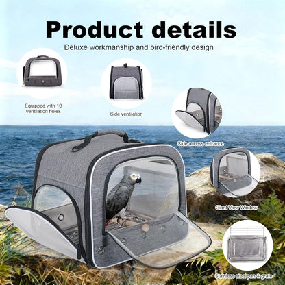 Bird Travel Carrier Cage for Large Size Parrot, Portable Bag with Metal Tray and Grate to Carry and Transport Medium to African Grey, Long Tail Cockatiel and Parrot, Feather Grey