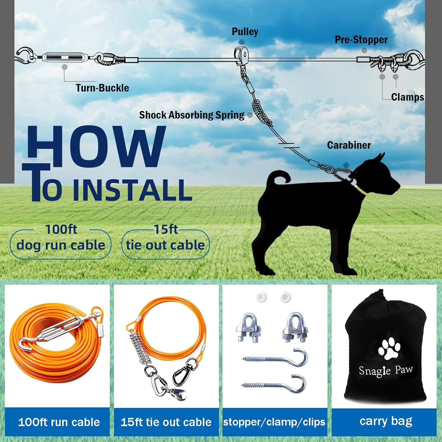 Snagle Paw Dog Tie Out Runner for Yard,Trolley System for Large Dogs,Heavy Duty Dog Run Cable with 10ft Pulley Runner Line for Dogs Up to 125lbs,Yard or Camping,75ft