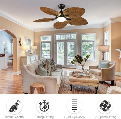 DWVO 52" Ceiling Fans with Lights, Tropical Ceiling Fan with Lights and remote, LED Tri-Color Temperature, Reversible 6 Speeds w/Quiet DC Motor for Living Room, Dining Room, Bedroom