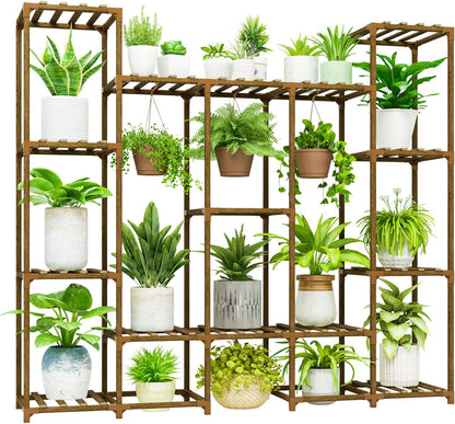 Bamworld Plant Stand Indoor Outdoor Hanging Plant Shelf for Multiple Plants Pots Wood Flower Stand Tall Large Flower Holder for Living Room, Patio, Balcony, Garden Decor, Brown