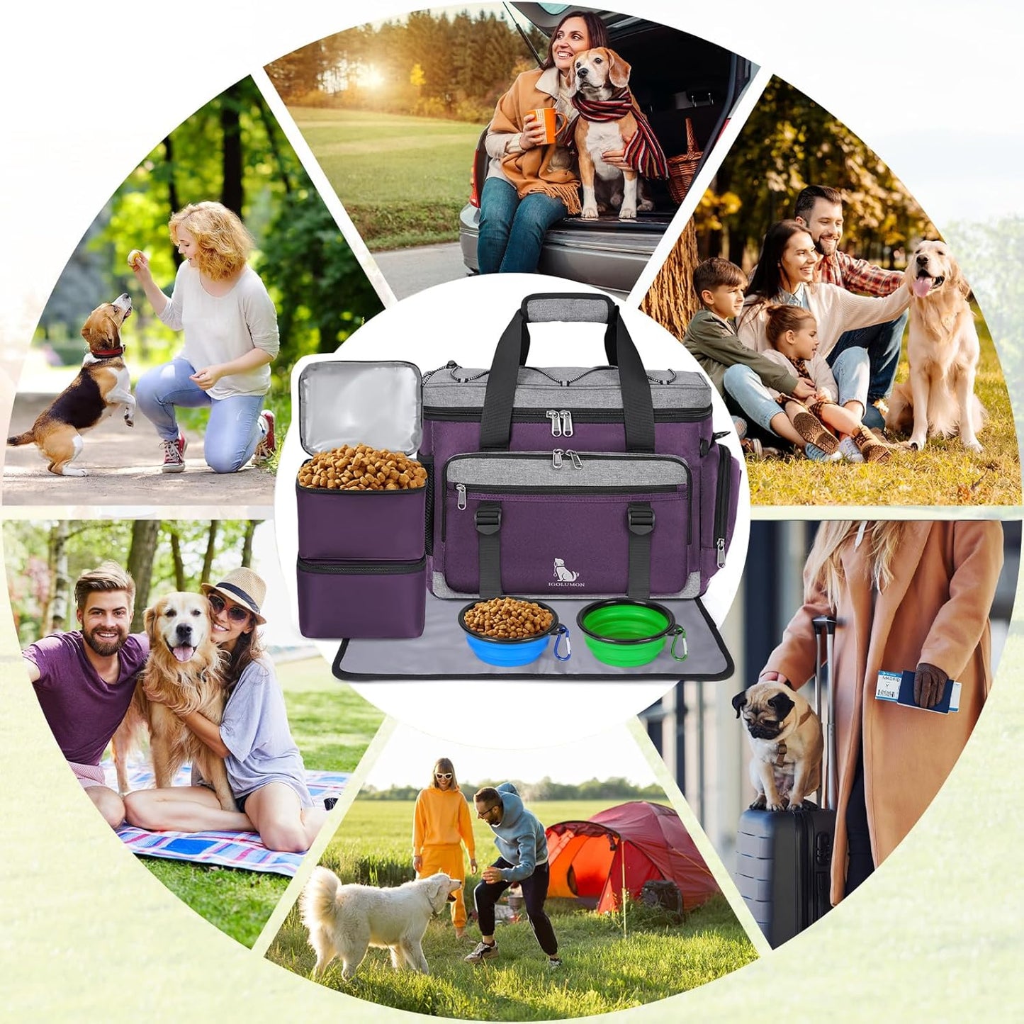 IGOLUMON Dog Travel Bag Weekend Pet Travel Bag Set for Supplies Large Dog Camping Kit Airline Approved Tote Organizer with Multi Pockets, 2 Large Food Containers, 2 Dog Bowls, 1 Feeding Mat