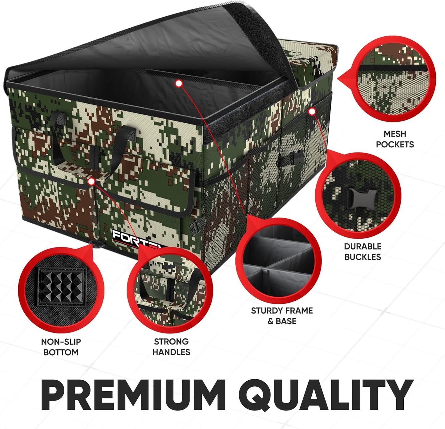 FORTEM Car Trunk Organizer, Collapsible Multi Compartment Car Organizer, Foldable SUV Storage for Car Accessories for Women Men, Non Slip Bottom, Securing Straps, Soft Cover 50L (Black, Standard)