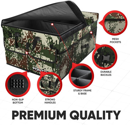 FORTEM Car Trunk Organizer, Collapsible Multi Compartment Car Organizer, Foldable SUV Storage for Car Accessories for Women Men, Non Slip Bottom, Securing Straps, Soft Cover 50L (Black, Standard)